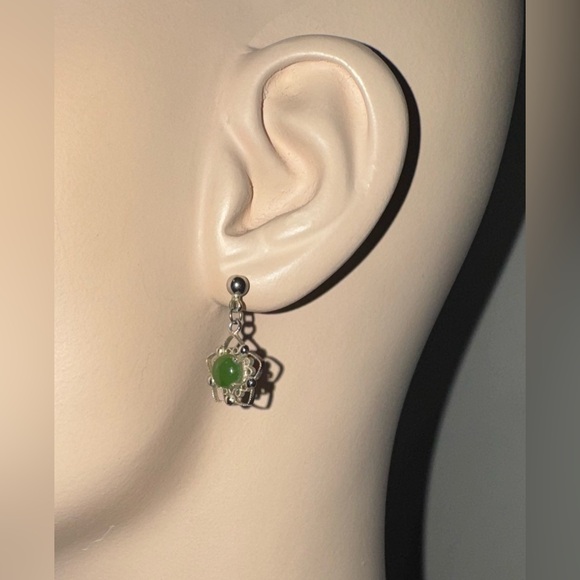 GENUINE Jade & Sterling Dangle Earrings Vintage - Picture 2 of 10